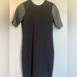 VINCE Elegant Black Dress with Leather Sleeves